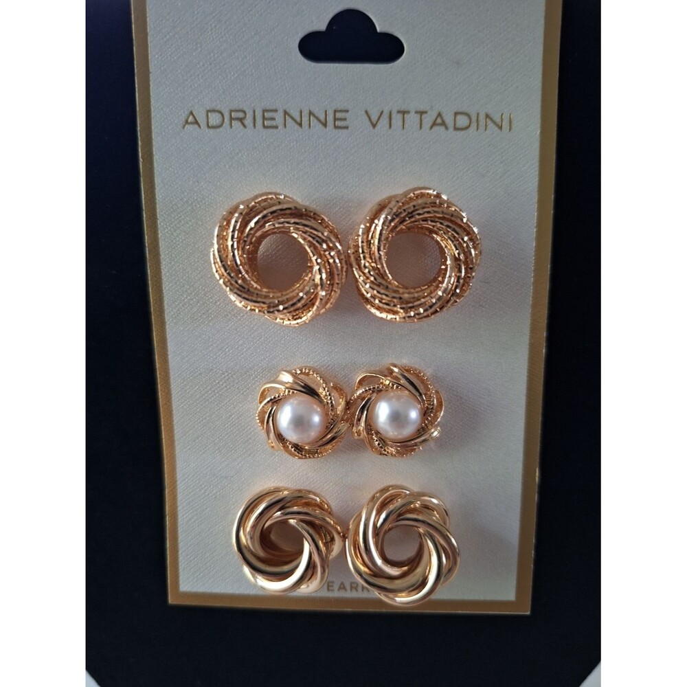 Adrienne Vittadini Gold Knot and Pearl Stud Earring Set 3-pair